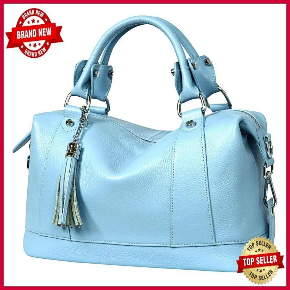 Genuine Leather Satchel Tote Bag with Crossbody Strap and Fringe Detail